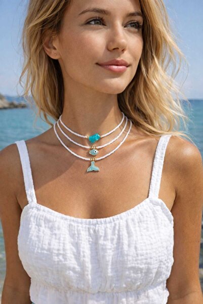 Yağmur طقم قلادة صيفية للنساء على شكل سمكة مكون من 3 قطع باللونين الأبيض والأ...