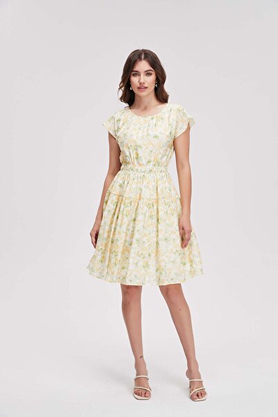 menta High-waist short-sleeve floral flared dress
