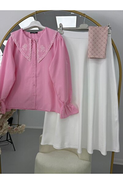 modasindoma Costum de damă cu guler brodat roz