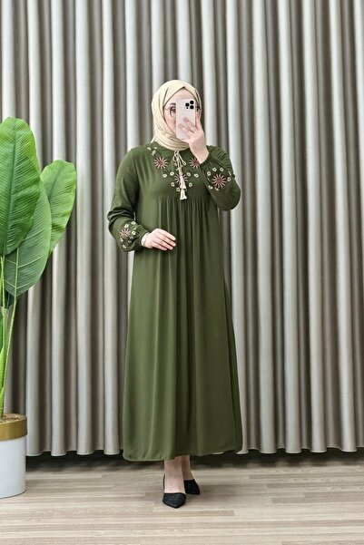 ALYA ÇİĞDEM ELBİSE Haki Viskon Kumaş Kadın Püskül ve Nakış İşleme Detaylı Elbise
