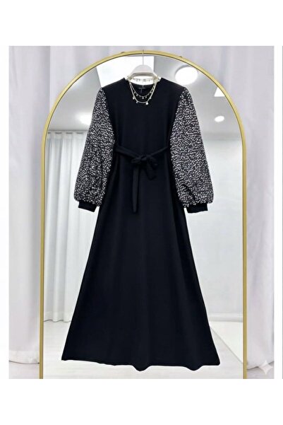 modasindoma Γυναικείο φόρεμα με παγιέτες στα μανίκια, μαύρο