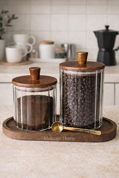 Mottogo Coffee Corner Glass Jar Set of 2 with Acacia Lid and Tray, Gold Measu...
