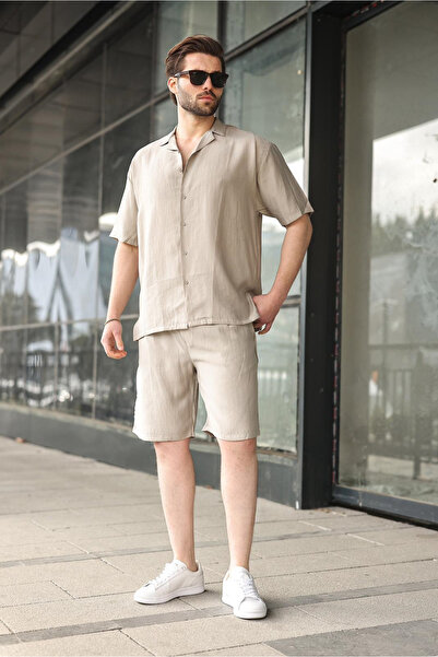 Madmext Stone Color Tencel Fabric Men's Shorts Shirt Set E7352