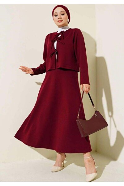 modasindoma Set fustă cu șireturi în față pentru femei, roșu claret