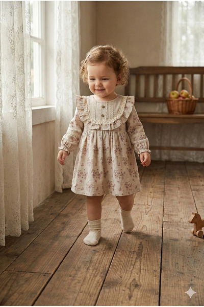 VaVbaby Bohem Stil Fırfırlı ve Dantel İşlemeli Pamuklu Kız Bebek Elbisesi