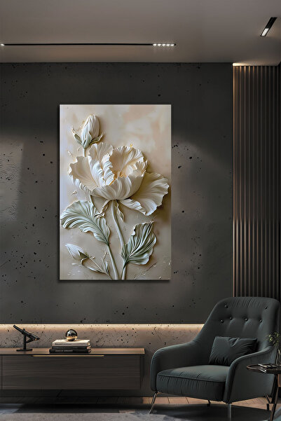 B&G DESIGN Modern Beyaz Çiçek Kabartma Görünümlü Dekoratif Temperli Cam Tablo