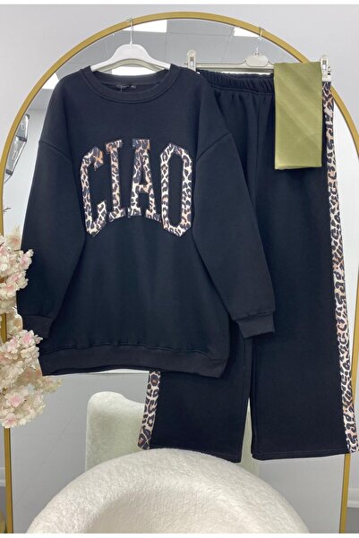 modasindoma Women's Leopard Printed Tracksuit Set Black