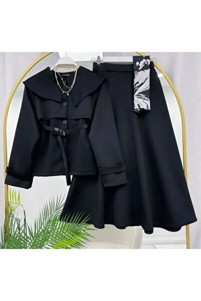 modasindoma طقم نسائي من قطعتين بياقة فينتاجا باللون الأسود