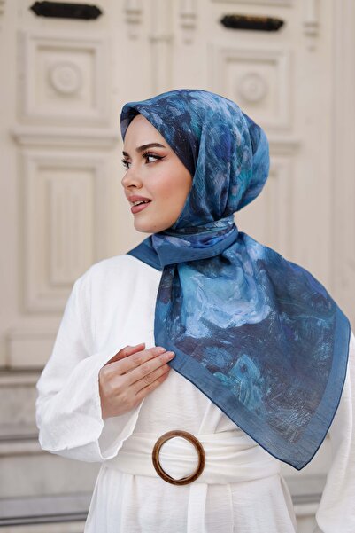 ipekistanbul Tensel Eşarp - Ebruli Desen - Mavi