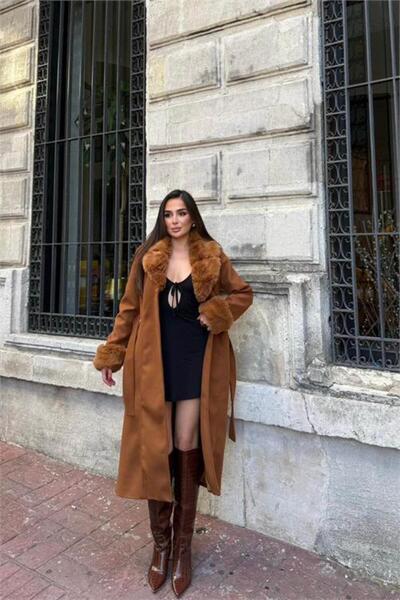 Dipmoda Women's Full-Length Melton Coat with Fur Detailing at the Wrist and C...