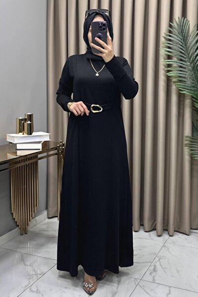 ALYA CEVHER ELBİSE SİYAH OYSHO KUMAŞ AKSESUAR DETAYLI ELBİSE