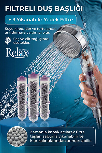 Relax Shower Filtreli Kireç Ve Klor Azaltıcı Duş Başlığı | 3'lü Temizlenebili...