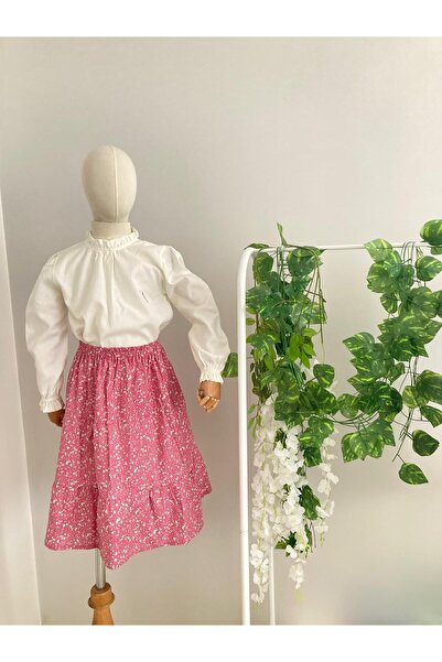 UHDE STORE Kız Çocuk Pembe Çiçek Desenli Beli Lastikli Pamuk Poplin Uzun Etek...