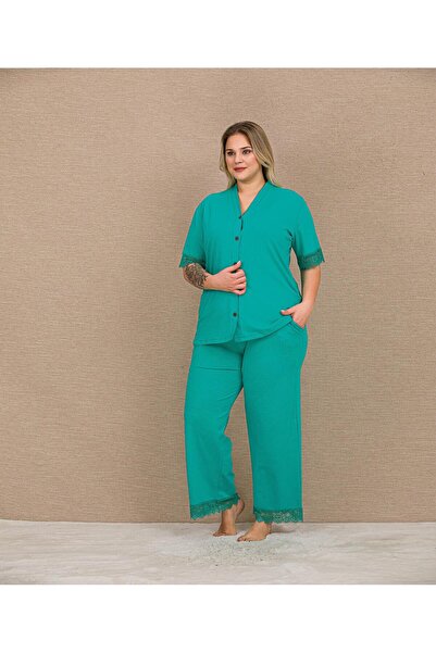 Lady Lingerie Short Sleeve, Lace Detailed Buttoned Plus Size Women's Pajama Set