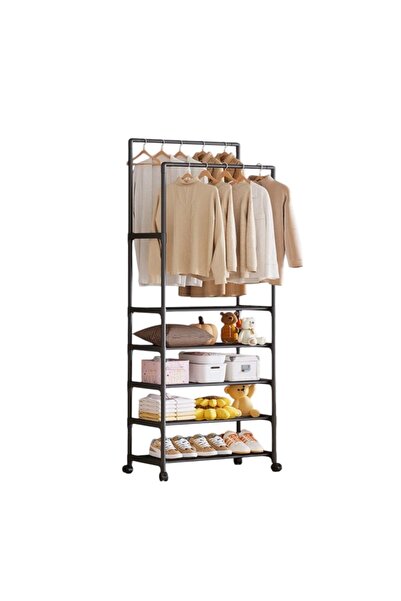 FOXMAG24 Suport de haine cu roți, 5 rafturi, 185 x 30 x 56 cm, Negru