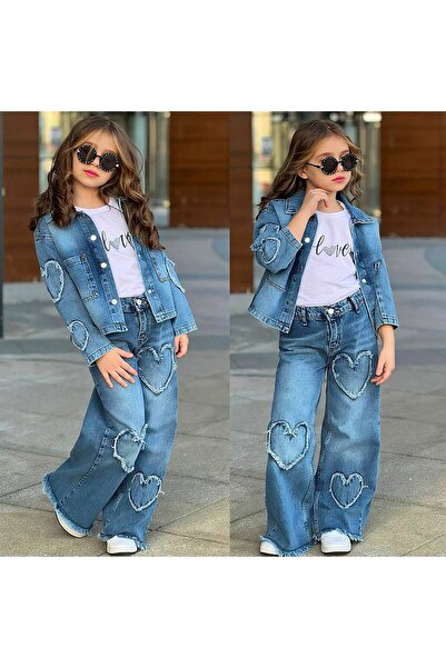 ANKANOVA Jachetă și pantaloni brodați cu inimioare pentru fete, combinație el...