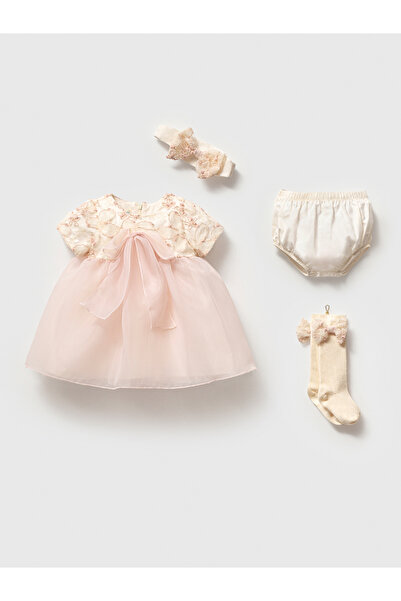 NoyNoy Baby Kız Bebek Elbise Takımı - Dantel İşlemeli Elbise, Bandana, Külot ...