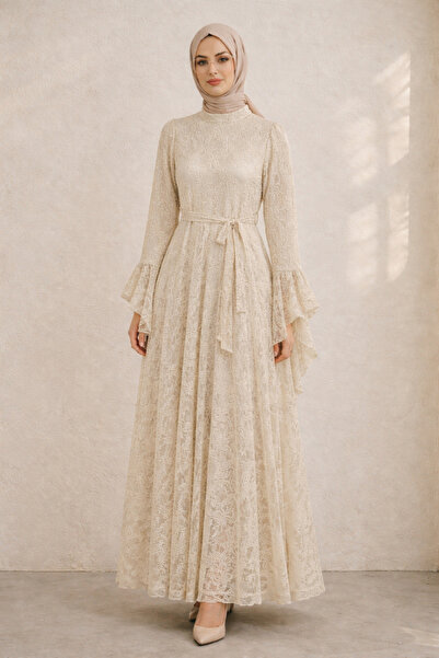 Kirazgym Women's Lace Dress with Belt, Volan Sleeve Detail , Long Hijab Eveni...