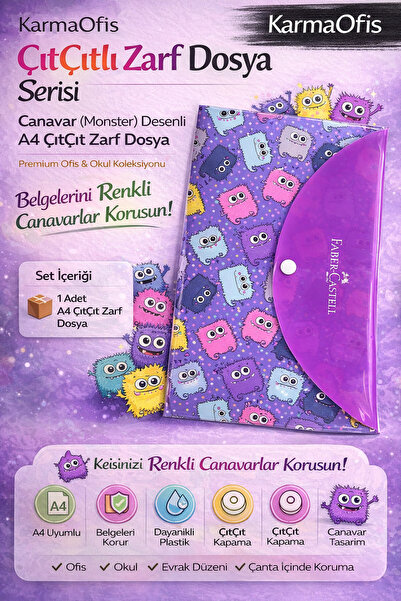 Faber Castell Canavar Desenli A4 ÇıtÇıt Zarf Dosya – 1 Adet - Dayanıklı Plast...