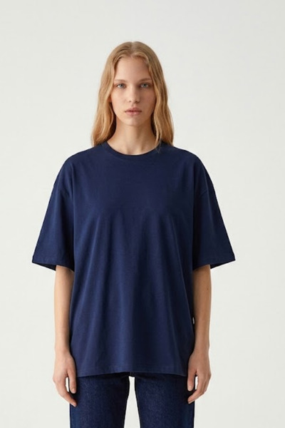 COMBİNE MİCHAİL Women's Crew Neck Navy Blue Oversized T-Shirt