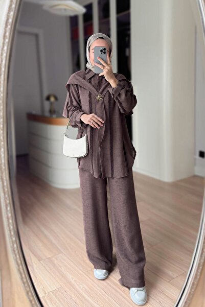 Ka Hijab Σετ 3 τεμαχίων με λεπτομέρεια φουλάρι στους ώμους - Καφέ