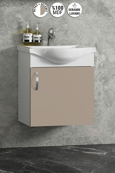 ÖZCEDEN Yıldız 45 cm Beyaz-Selenit MDF Seramik Lavabolu Asma Banyo Dolabı Takımı