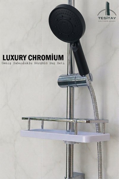 tesitay Sürgülü Duş Seti Geniş Şampuanlıklı Banyo Takımı Metalik Renk
