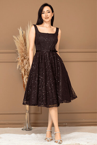 BEYBOS Lace Sequin Fabric Midi Dress with Underwire Detail - Brown