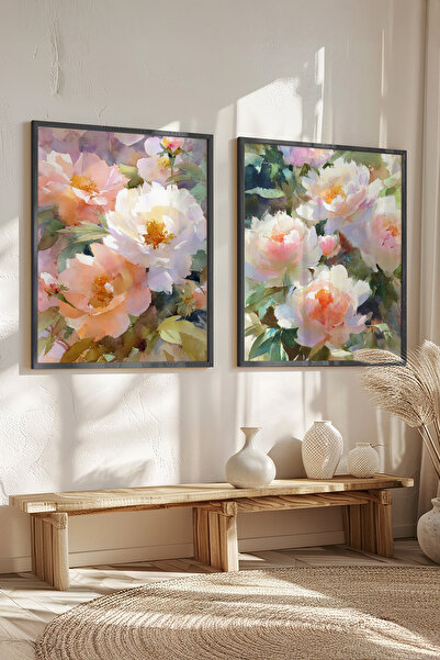 STARYUNA Black Wooden Framed Pastel Peony Flowers Double Painting Set Yuna601