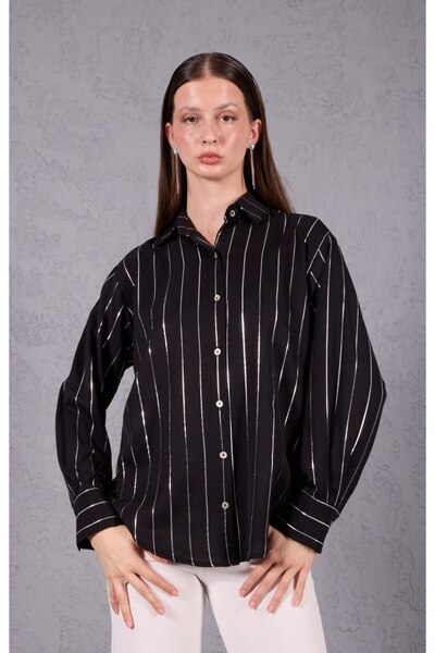 mahira collection Women's Cuffed Foil Printed Striped Shirt