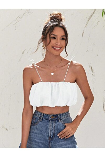 Afri Bluză albă cu bretele subțiri B cu încrețituri Bubble C crop - Top de va...