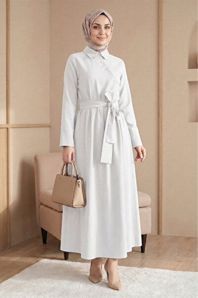 FERHEL Women's Cross-Buttoned and Waist-Tied Tie-Detail Long Dress - White