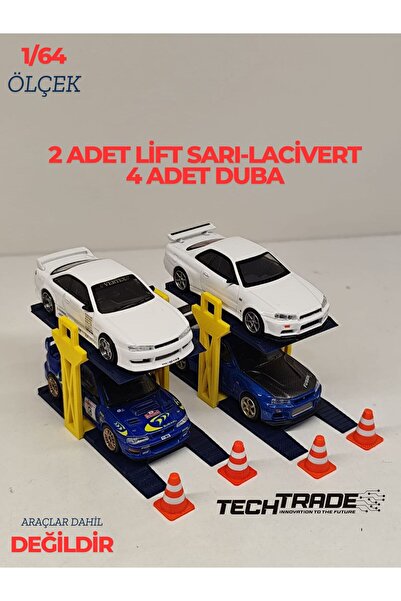 Tech Trade 1/64 Scale Diorama 2 Vehicle Lift 2 Units Yellow-Navy Blue + 4 Pon...