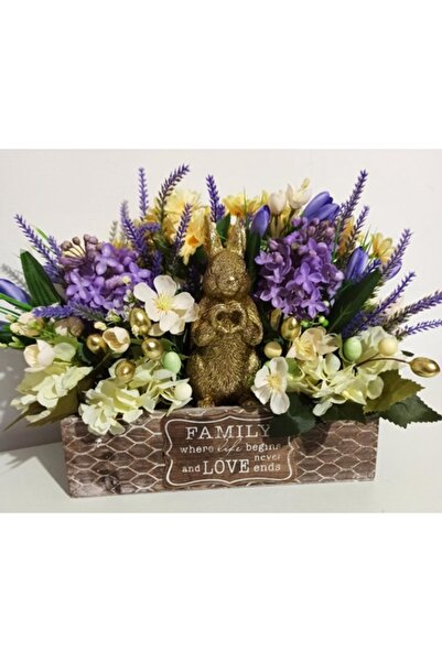 Pasiunea Florilor Wooden Box With Ceramic Rabbit and Yellow and Purple Flowers