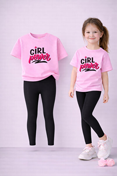 VODEXA Set tricou și colanți elastici pentru fete, 100% bumbac, imprimeu GIRL...