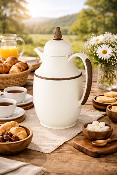 ALSAIF ✨ ترمس ضيافة فاخر هوست سعة 1 لتر – تصميم أنيق بلون عاجي مع لمسات خشبية...