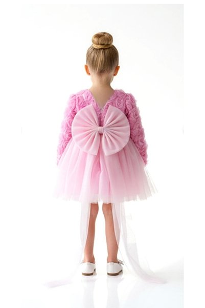 LittleElephant Baby Girl Children's Birthday Party Wedding Dress Long Sleeve Rose Bow Tulle Tutu Lined
