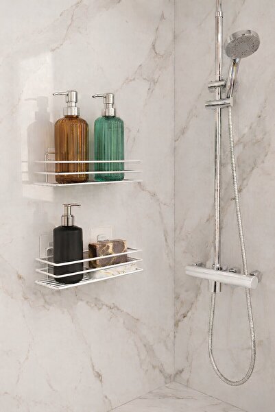 Sas Haus Raft de baie adeziv alb din 2 piese, suport pentru șampon de duș, ra...