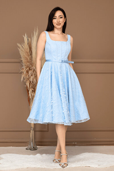 BEYBOS Δαντέλα Φόρεμα μίντι με λεπτομέρεια από ύφασμα με παγιέτες - ΜΠΛΕ ΒΡΕΦΙΚΟ