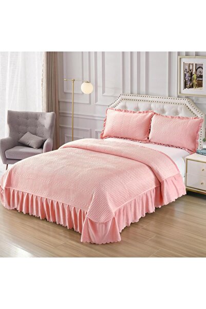 Truva Home Velvet Double Bedspread with Ruffled , 220x240 cm + 2 Pillow 50x70 cm