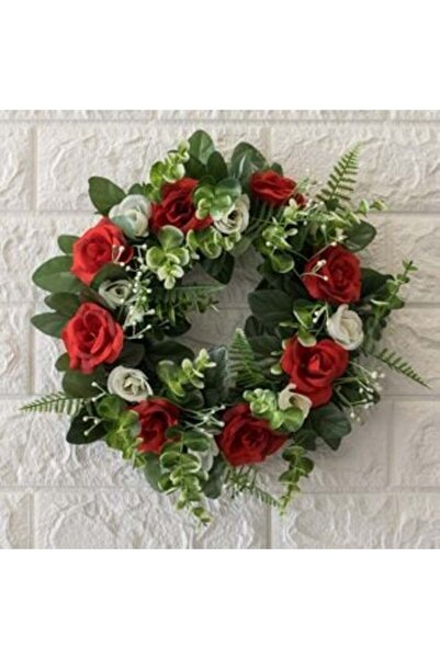 SHOPIENS Spring Decorative Wreath with Red and White Roses & Eucalyptus Ø25 cm