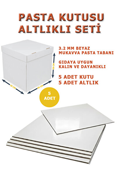 kutucum 30 x 30 x 20 PASTA KUTUSU VE ALTLIK SETİ 5 ADET BEYAZ OLUKLU MUKAVVA