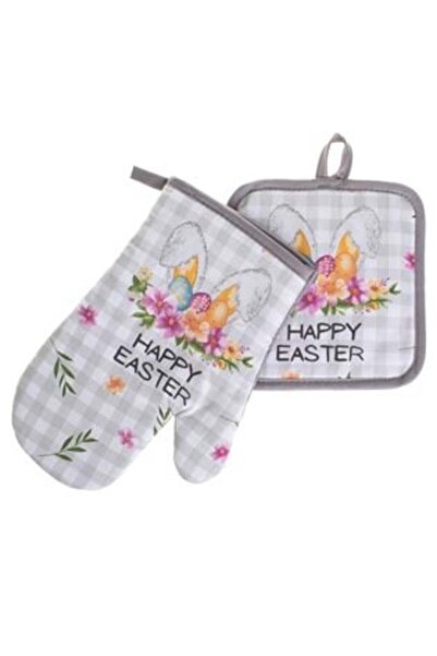 SHOPIENS Kitchen Glove & Napkin Set with Easter Bunny Ears Flowers "Happy Eas...