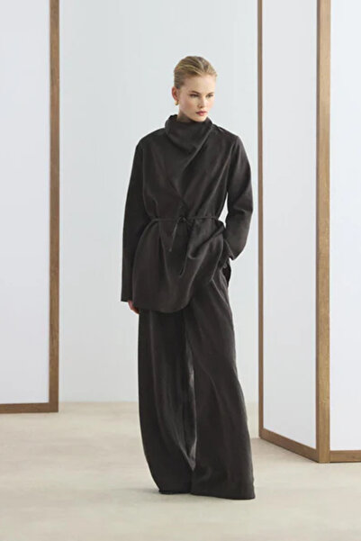 Lale Butik طقم بنطلون تونيك بياقة درابيه من كادريye Baştürk 417 بني غامق