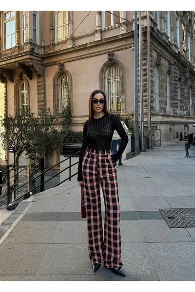 Fav Style Pantaloni de damă talie înaltă cu buzunare ecosez cu model Roșu Claret