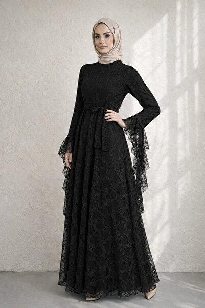 Kirazgym Kadın Dantel Elbise Kuşaklı, Volan Kol Detaylı, Uzun Tesettür Abiye ...