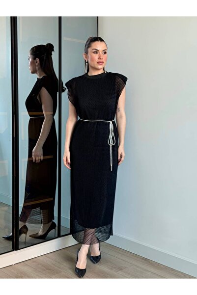 ROUPAS COLLECTİON Vatkalı Kemer Detay Tül Elbise