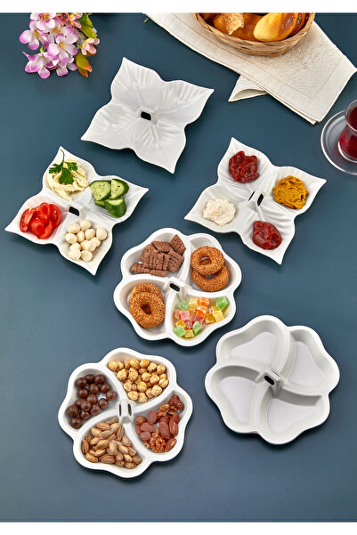 moontime alaçatı 6'lı Melamin Yonca ve Yaprak Desenli Çerezlik ve Sosluk Takımı