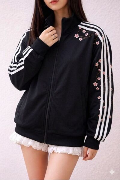 Karakedi Japanese Sakura Flower Zippered 3 Side Stripe Unisex Sweatshirt