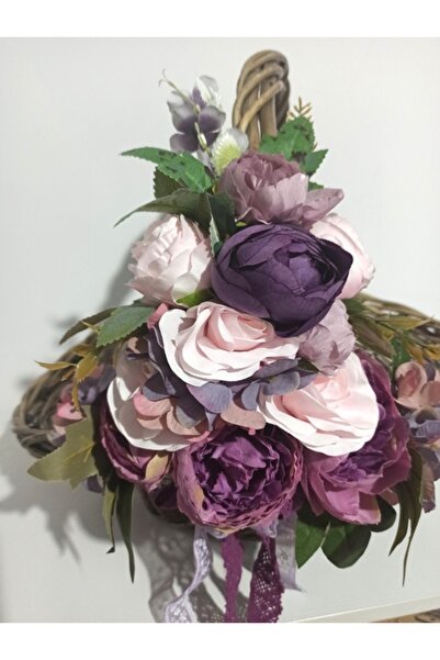 Pasiunea Florilor Large Gray Wicker Basket With Pink, Purple Peonies